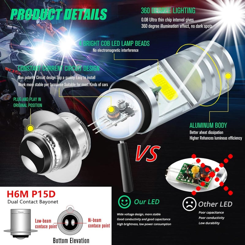 HAISECA 2Pcs 9-48V ATV LED Bulbs White,1800LM Hi-Lo Beam 4COBs H6M P15D LED Bulbs for or Motorcycle,Y amaha,ATVS Y FM350 450 400 660 700 Raptor. - Image 3